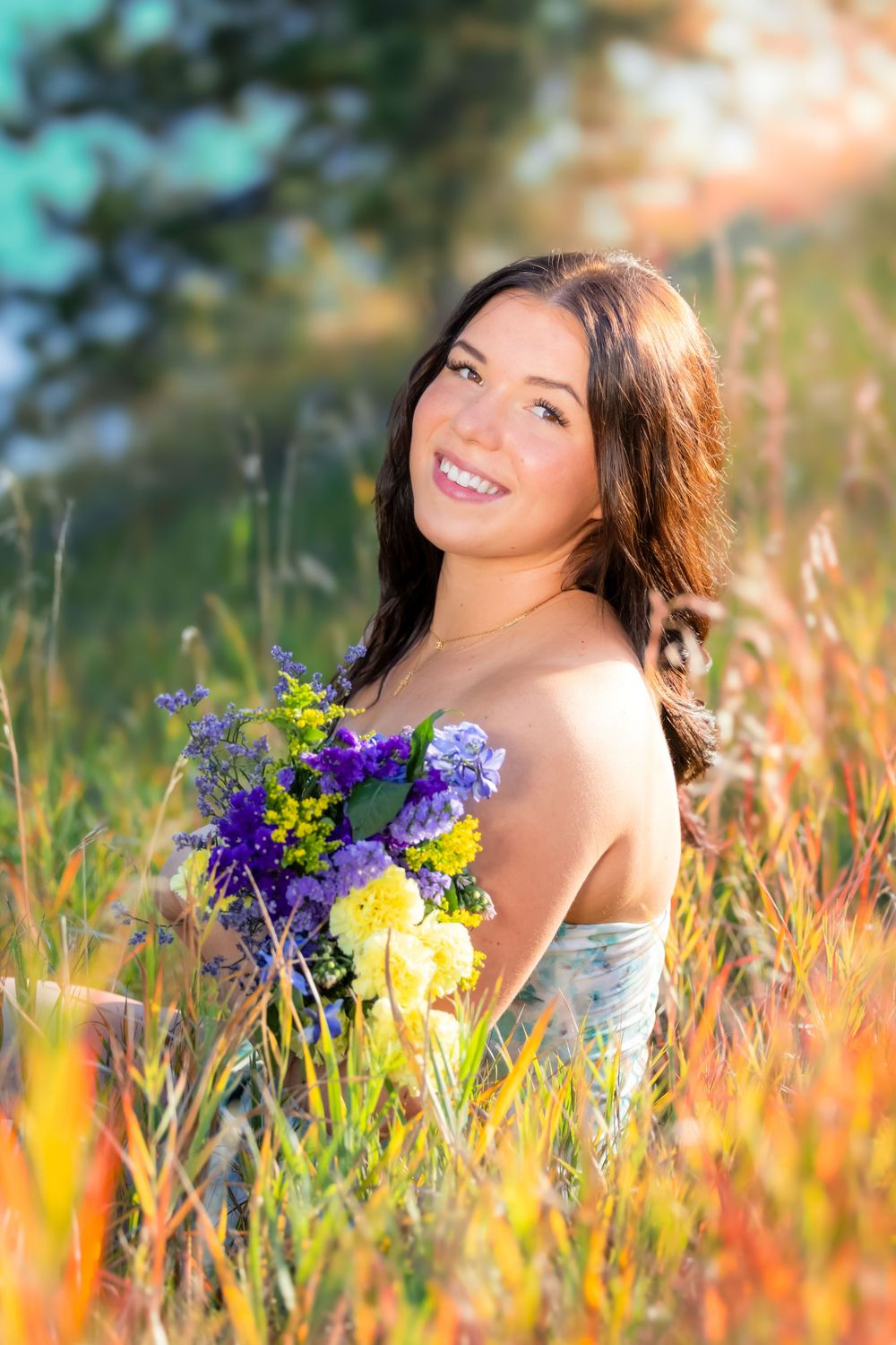 A series of outdoor portrait photos taken in a wildflower meadow at golden hour with purple and yellow flowers.