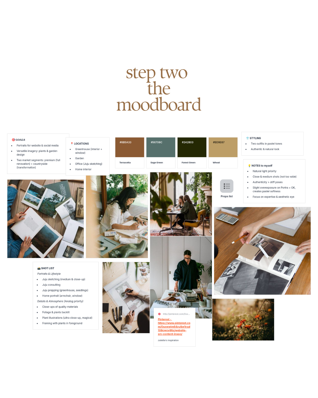 A collection of moodboard images showing design elements, workspace photos, and color swatches arranged in a grid layout.