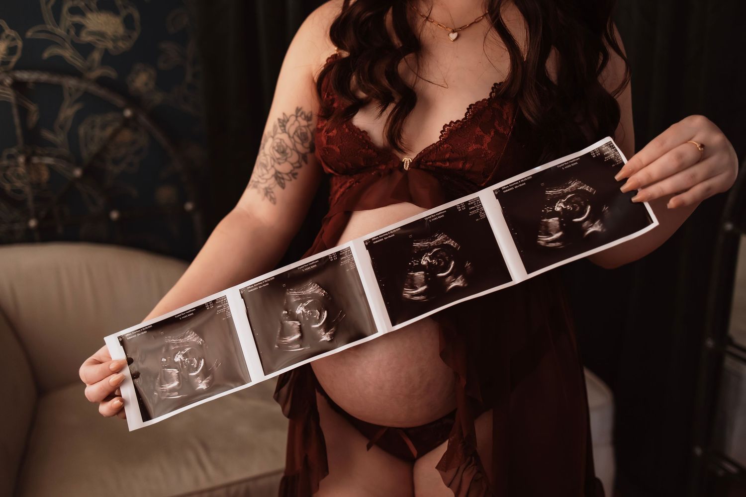 studio maternity boudoir session showcasing natural beauty, femininity, and connection to pregnancy