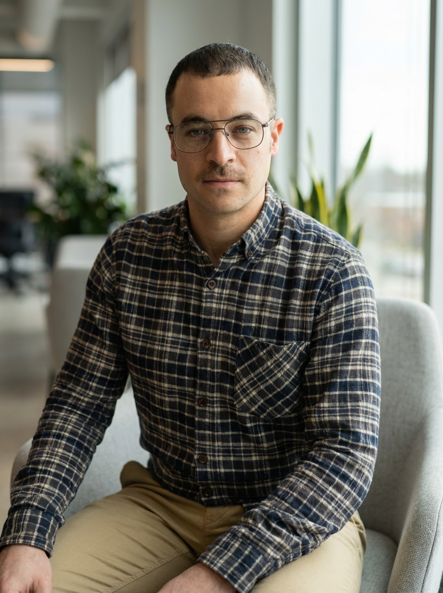 Professional headshots of a person in a plaid shirt sitting in a modern office setting.