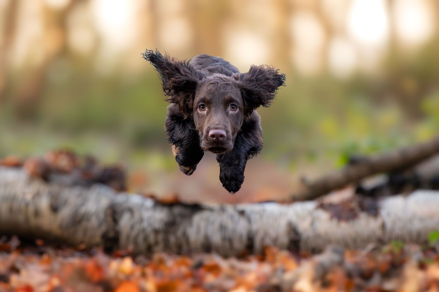 A brown spaniel dog runs joyfully along a dirt path through a green park setting leaping over a fallen branch in woodland