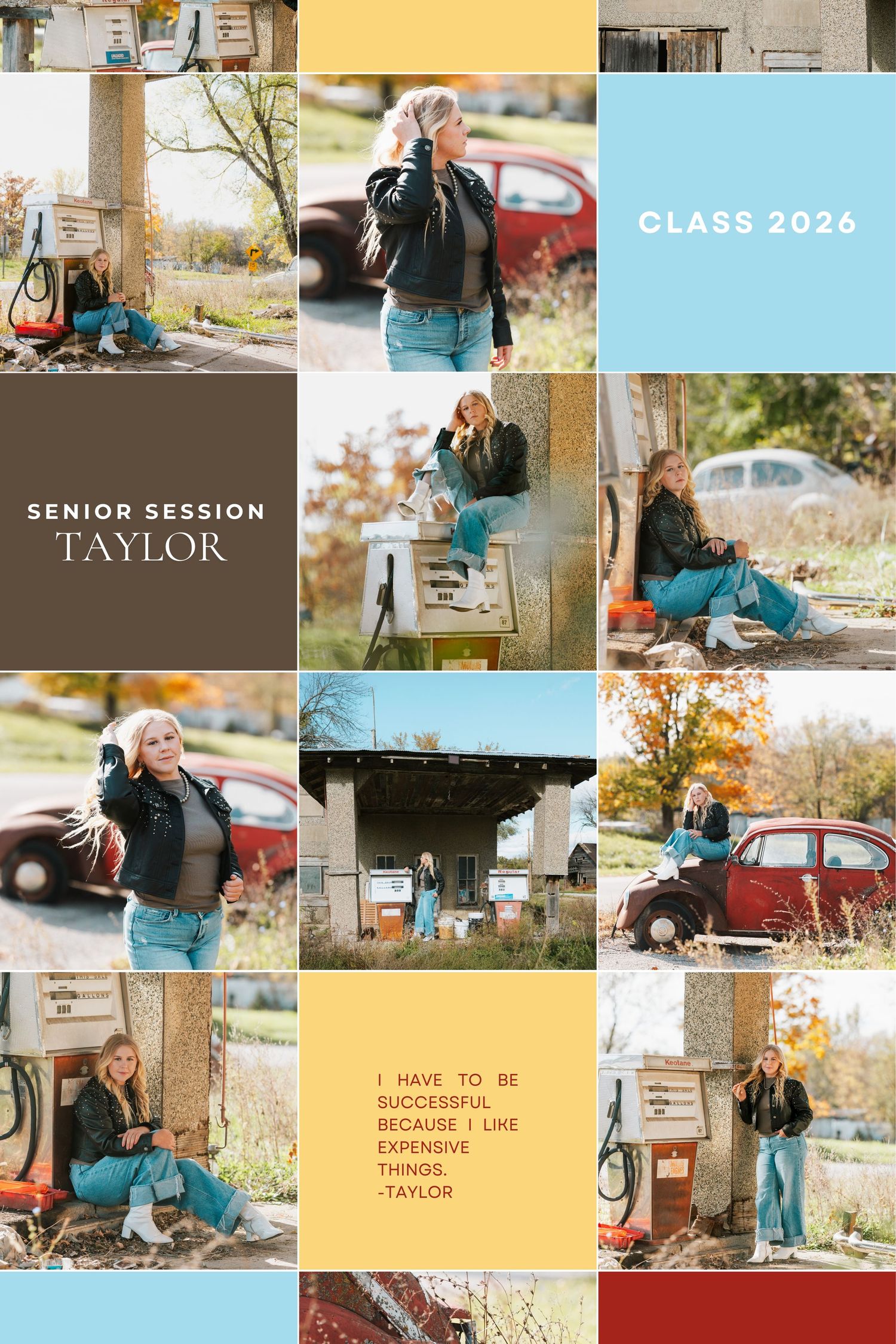 A collage of outdoor senior portrait photography featuring books, autumn scenery, and casual poses in natural settings.