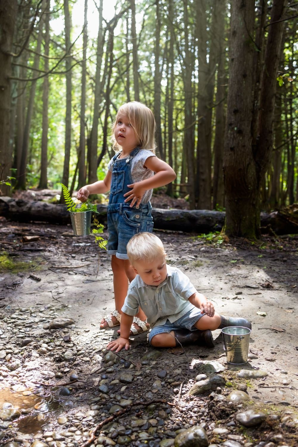Young child in overalls explores and plays with rocks on a dirt path in a sunlit forest setting.