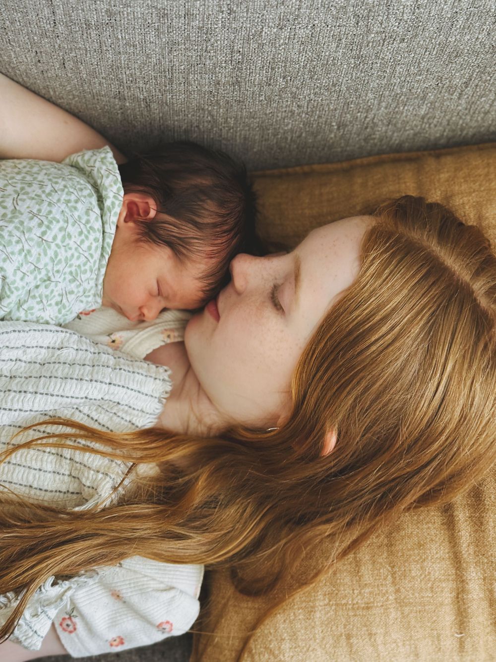 A peaceful napping scene on a couch with gentle natural lighting.