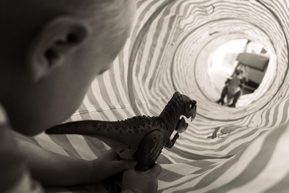 A creative black and white photo showing a toy dinosaur through a paper tunnel.