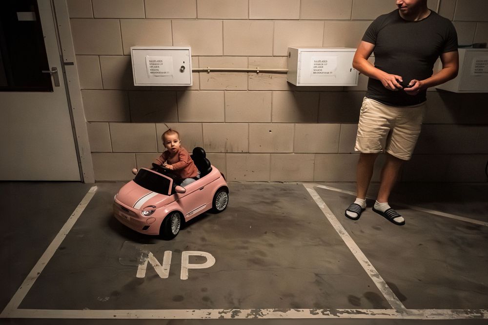 Pink toy car parked in an underground parking garage with concrete walls.