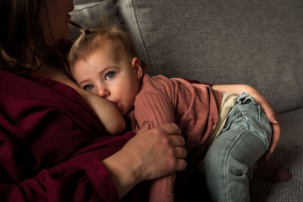 A toddler in a peach colored shirt nursing while lying on a burgundy couch.