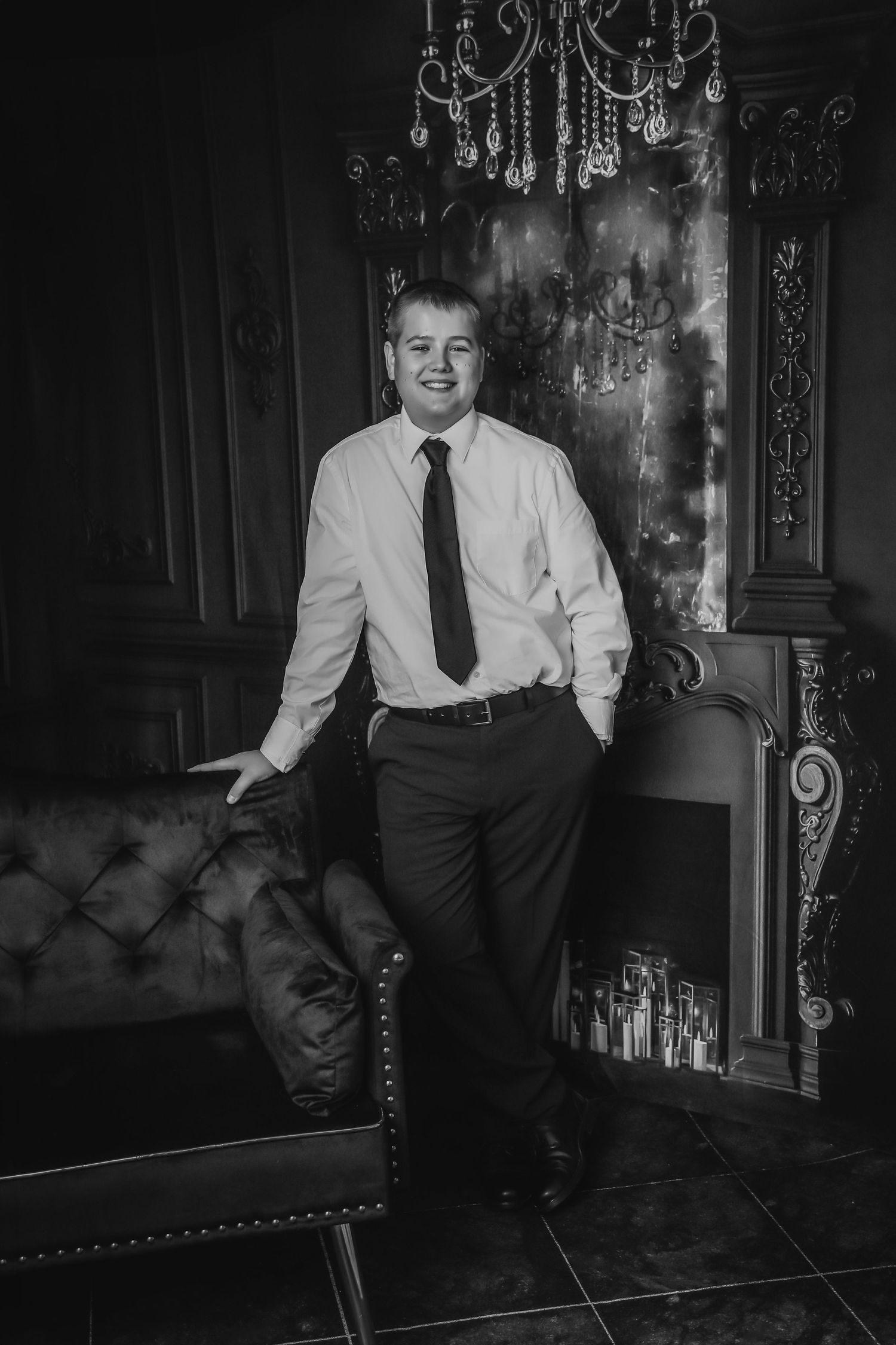 Black and white portrait series showing someone sitting on an elegant chair in formal attire with vintage decor in background.
