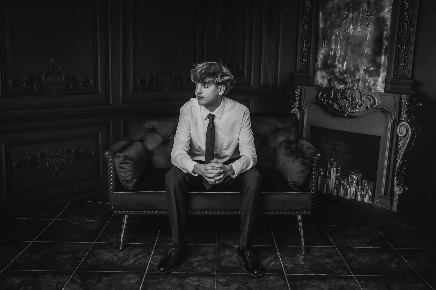 Dramatic black and white wedding photos showing a seated figure in a dark interior setting.