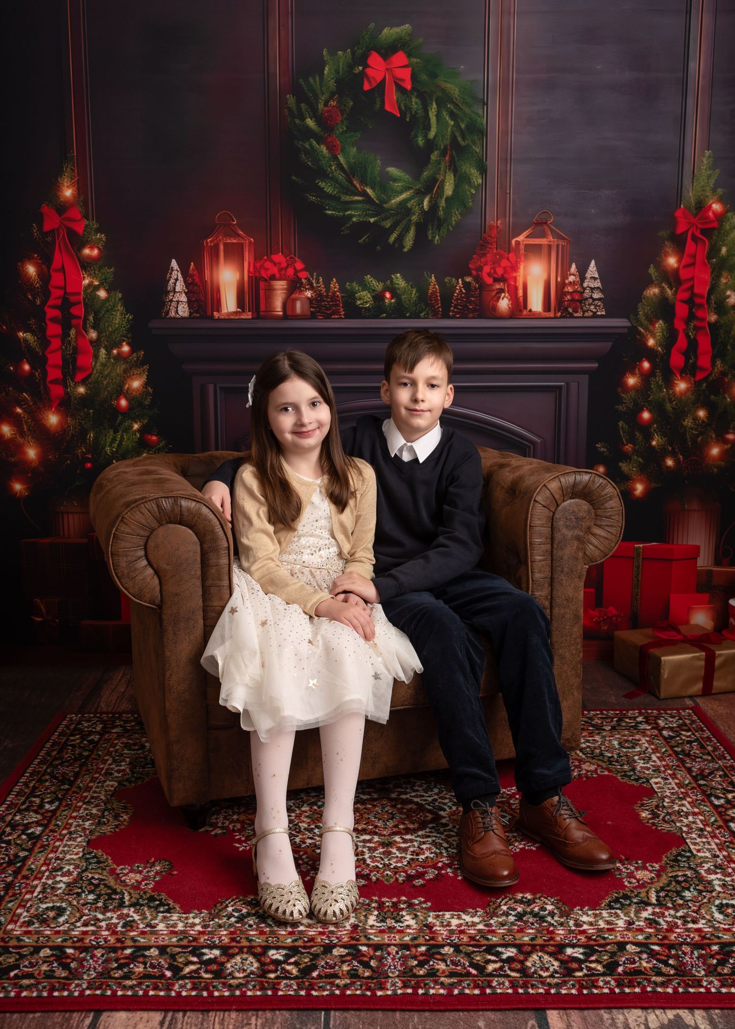 christmas fireplace, christmas trees, presents, two children, brother and sister