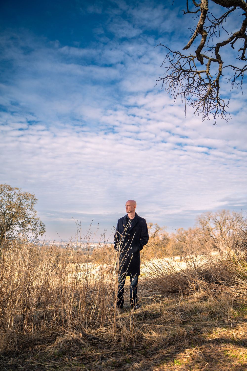 Person walking through golden dried grass field under bright blue skies with scattered clouds.