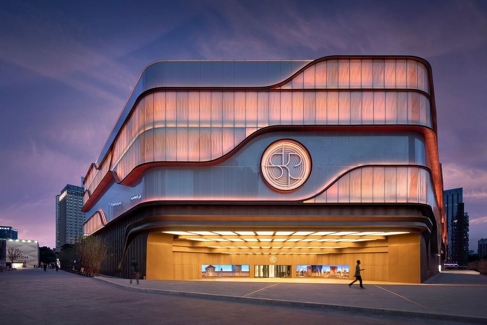 Professional twilight architectural photography of a mixed-use development