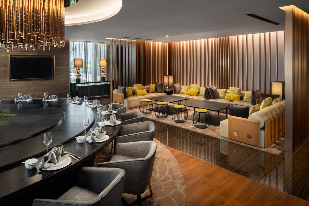 Professional interior photo of Luxury Fairmont hotel private dining area.
