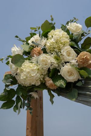 Close-up of white roses and hydrangeas arranged on wooden wedding arch.
