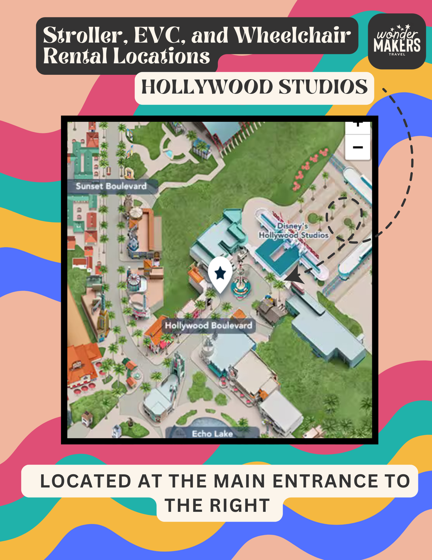 Map highlighting stroller and wheelchair rental locations at Hollywood Studios main entrance.