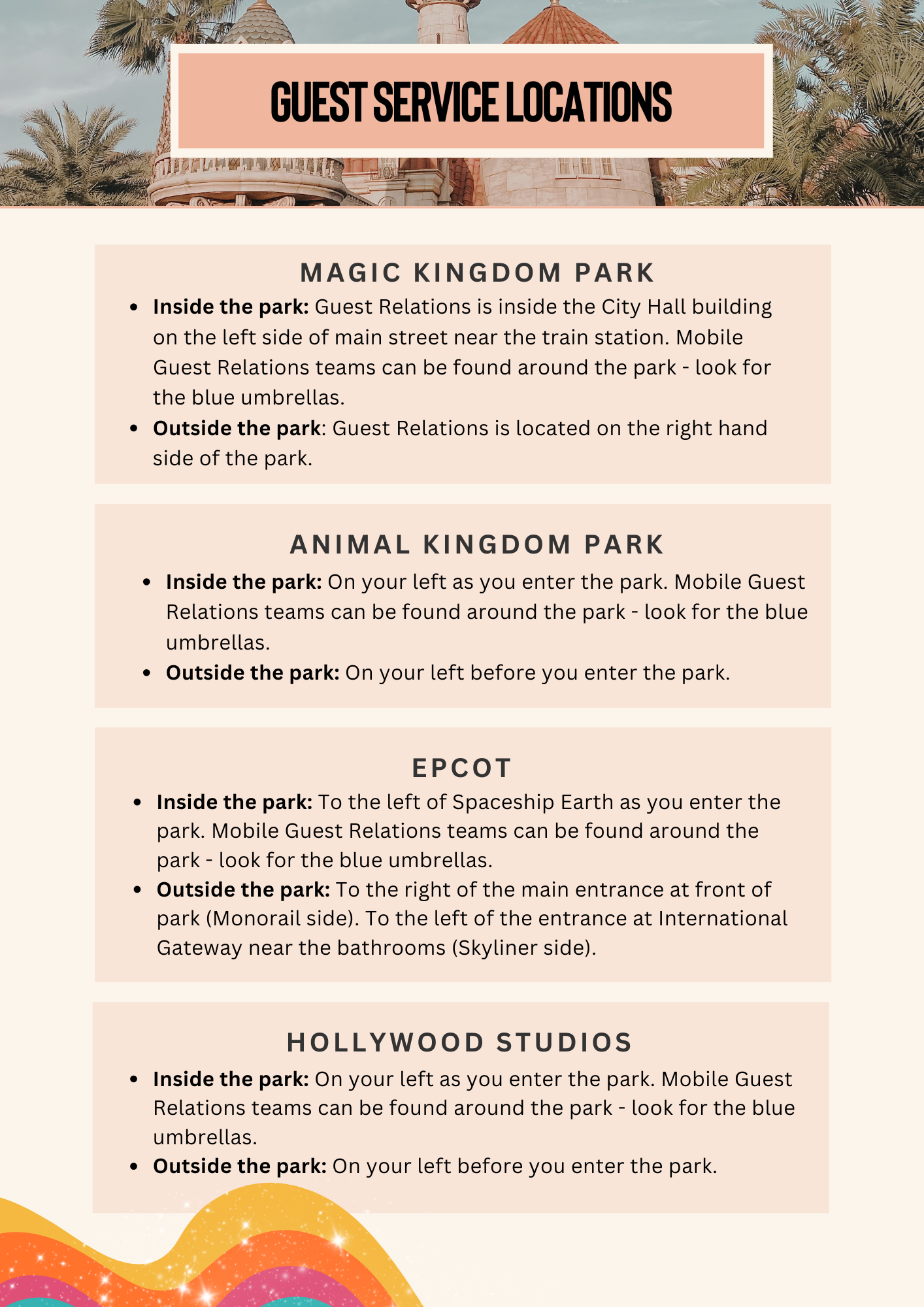 Guide showing Guest Service locations at different Disney World parks including Magic Kingdom and Animal Kingdom.