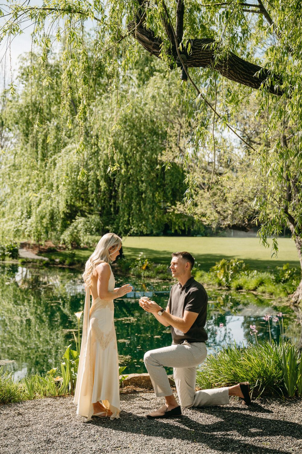 A romantic proposal scene unfolds by a serene pond with weeping willow trees in a beautiful garden setting.