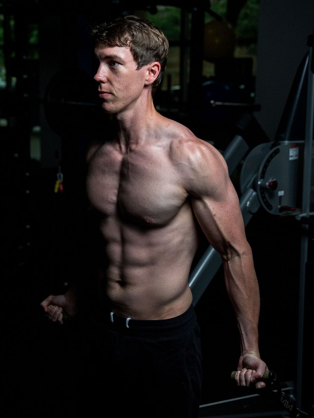 Athletic person performing dips exercise at a dimly lit gym showing muscular upper body development.