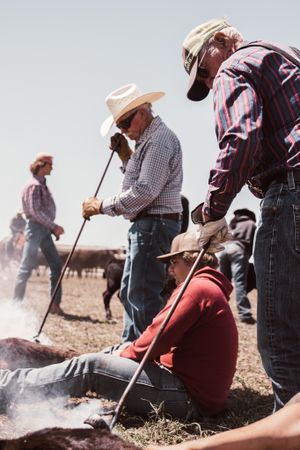 Cowboys gather around branding activity on dusty ranch ground.