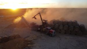 Farm machinery loading hay bales at sunset with golden light streaming through dust particles in the air.