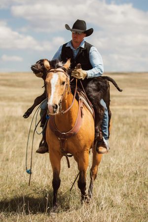 A rider sits atop a chestnut horse in majestic grassland under a cloudy sky.