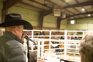 A person wearing a cowboy hat speaks into a microphone at a livestock auction arena with white fencing visible.