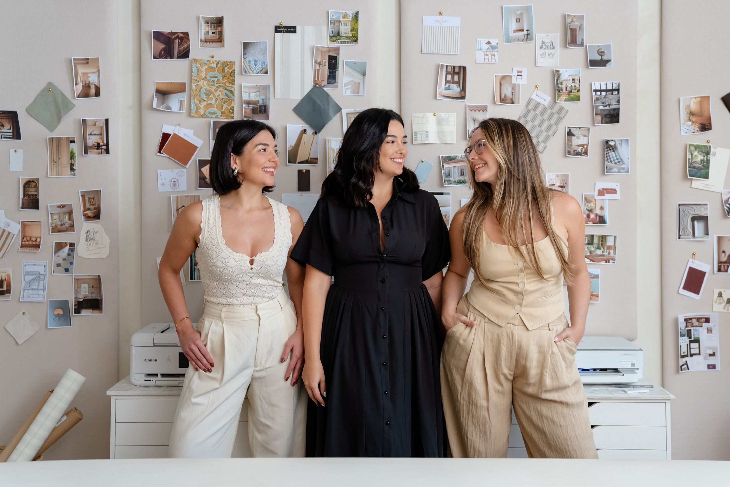 A series of photos showing candid office moments with people collaborating in front of a white wall covered in pinned images.