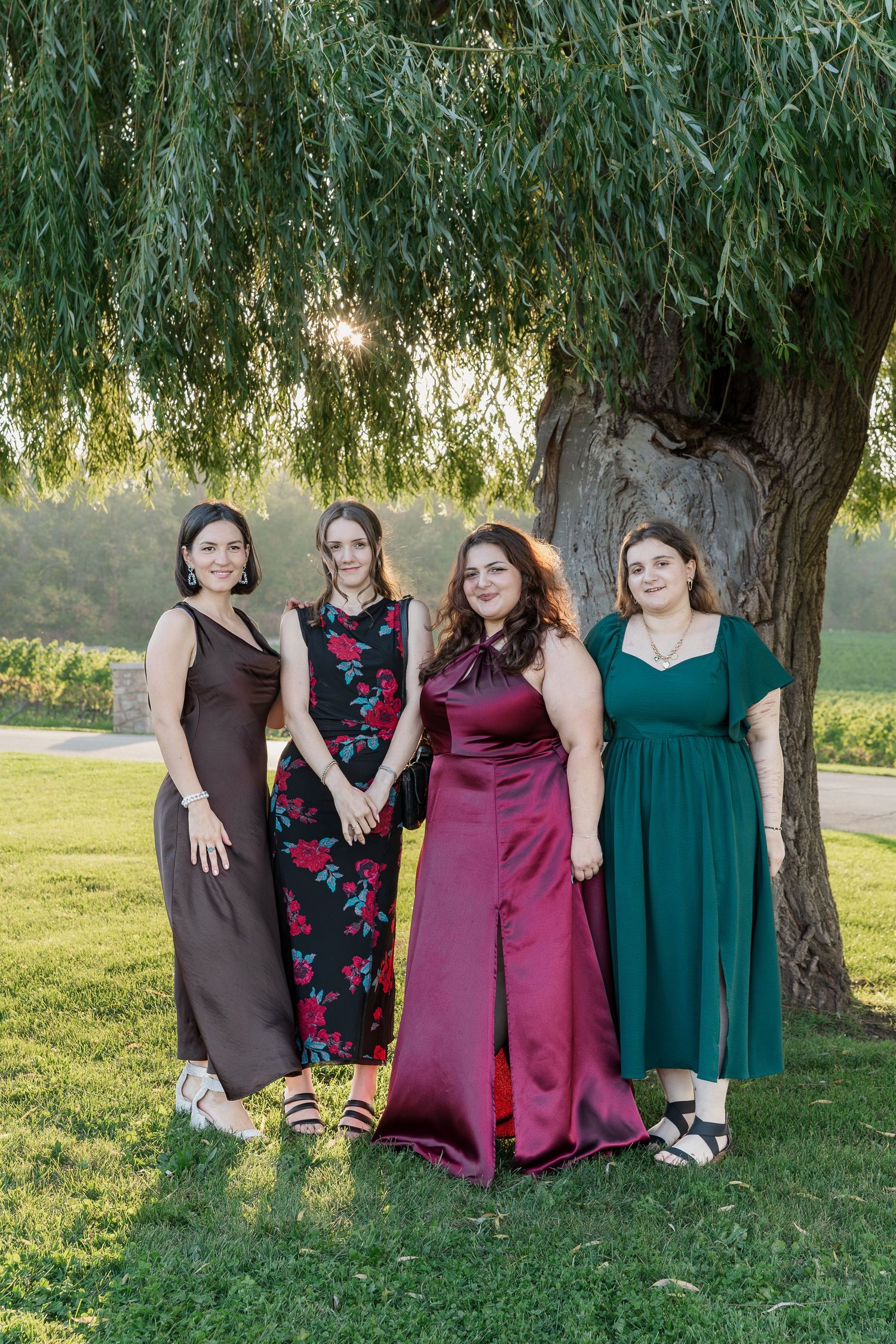 Four women in elegant dresses pose together under a weeping willow tree at their parents wedding at Vineland Estates Winery.