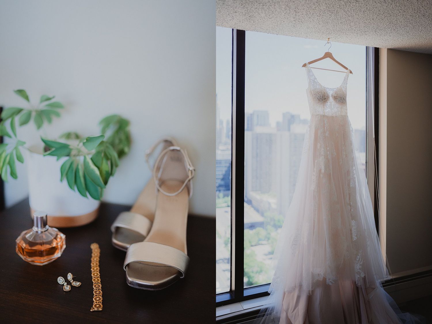 Wedding dress and accessories displayed elegantly in a bridal preparation room with natural lighting.