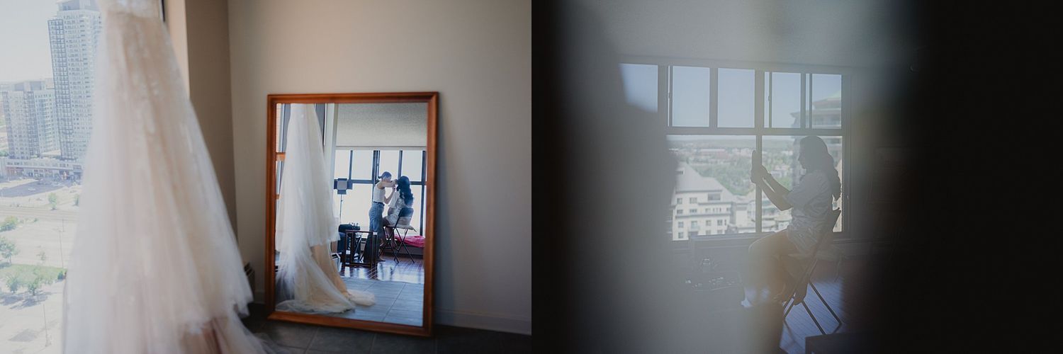 A series of candid getting ready moments captured in a bright modern room.