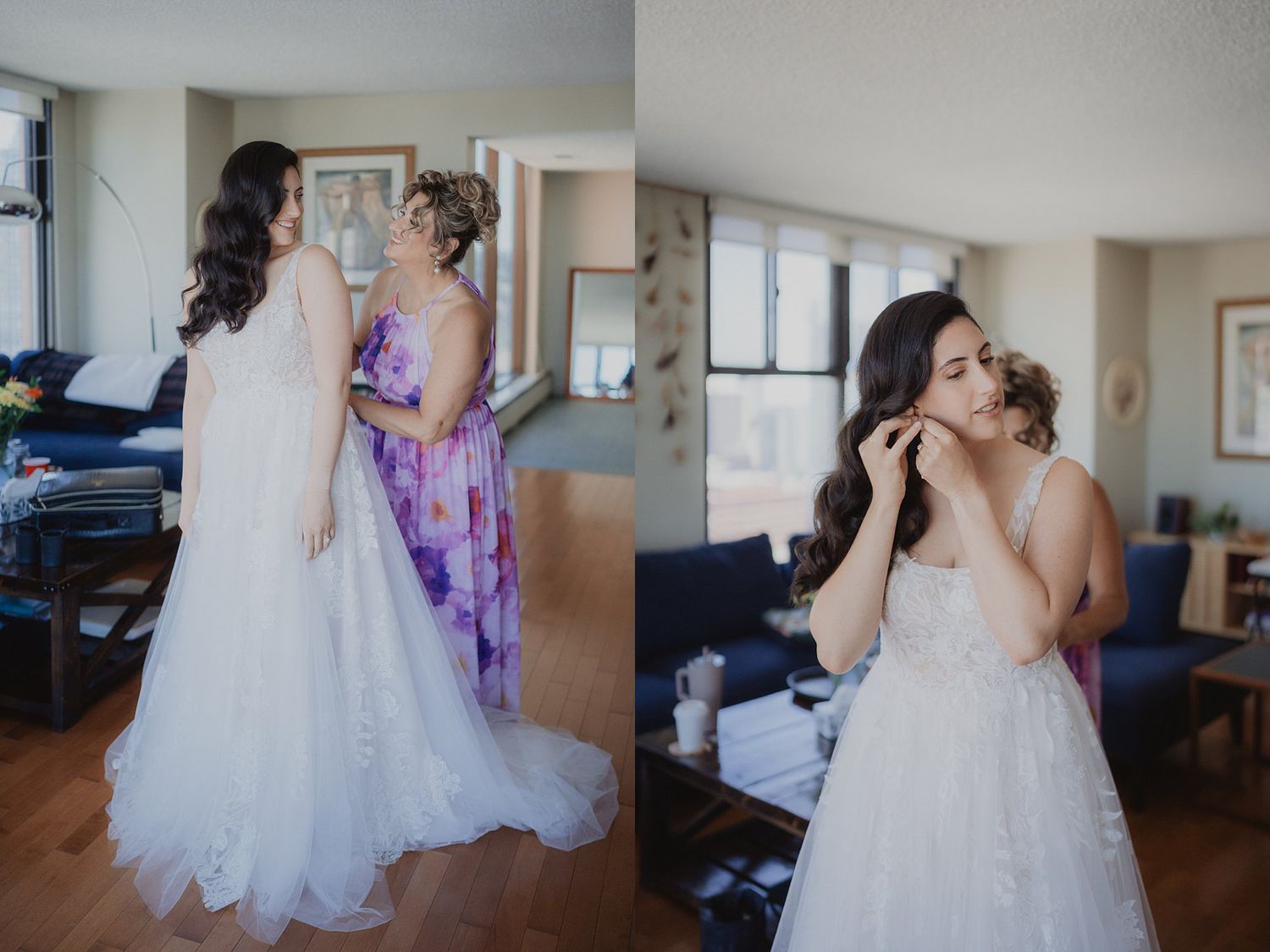 Elegant white wedding gown and purple bridesmaid dresses captured during pre-ceremony preparations.