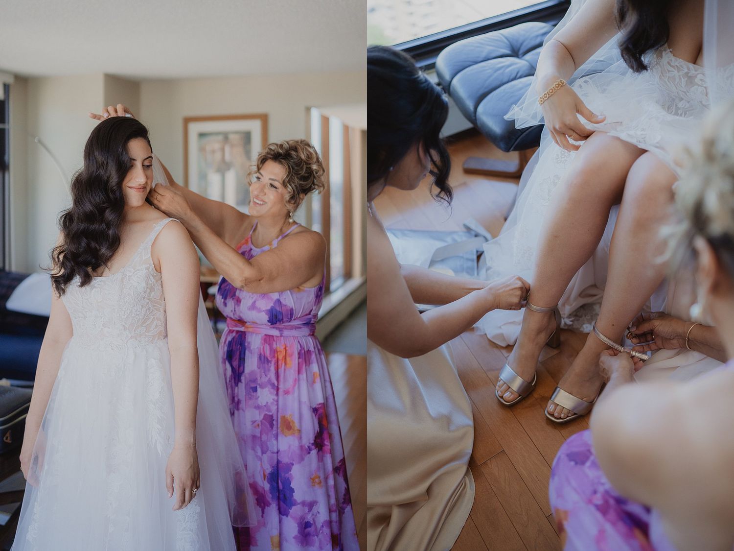 Wedding party getting ready with white and purple dresses visible in the room.