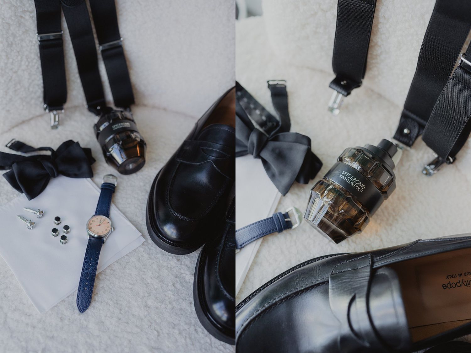 Wedding day accessories and shoes arranged on light colored flooring.