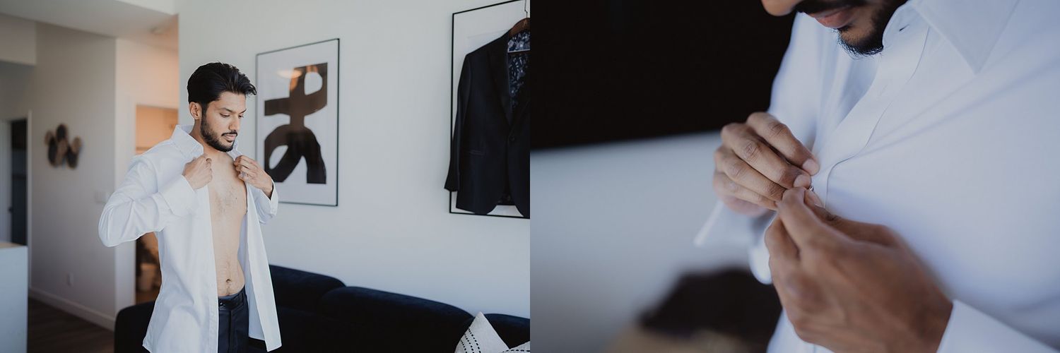 Getting ready scene with formal attire in a bright, modern room with white walls.