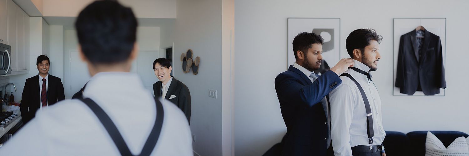 Groomsmen in formal attire preparing for wedding ceremony in modern interior.