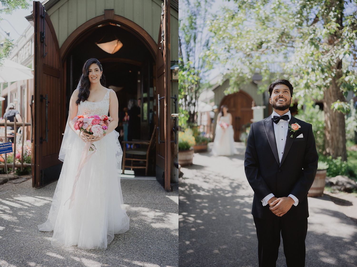 Side by side portraits of bride in white gown and groom in tuxedo outside wooden chapel.