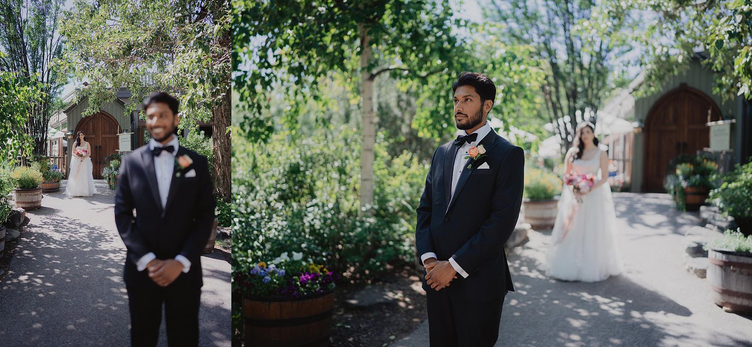 Wedding party portraits captured outdoors with lush green trees and natural lighting.