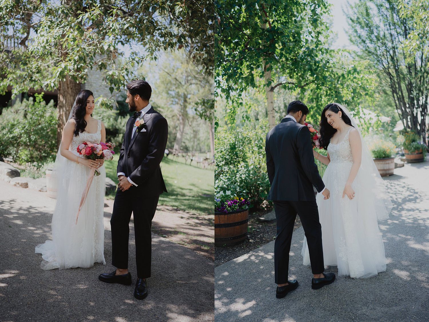 Outdoor wedding ceremony under trees with guests gathered in a garden setting.