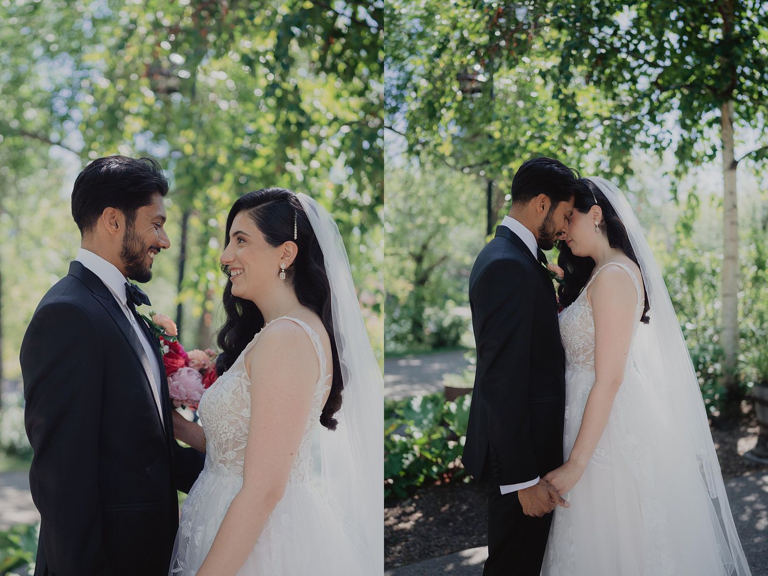 A romantic outdoor wedding photoshoot sequence showing tender moments between a couple in a wooded setting.