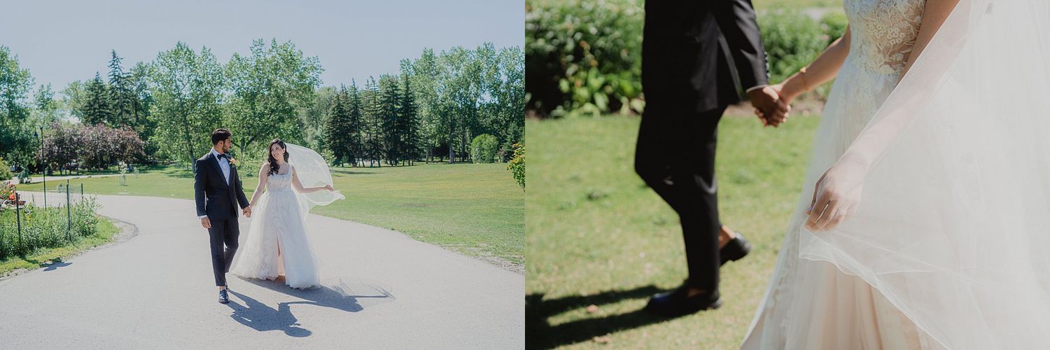 Beautiful wedding portraits taken along a scenic garden path surrounded by vibrant summer foliage.