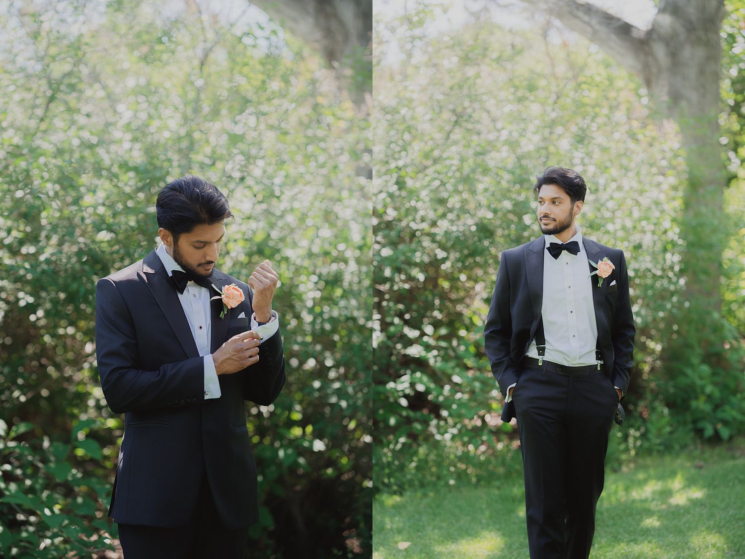 Elegant wedding portraits captured in a spring garden with delicate white flowers in the background.