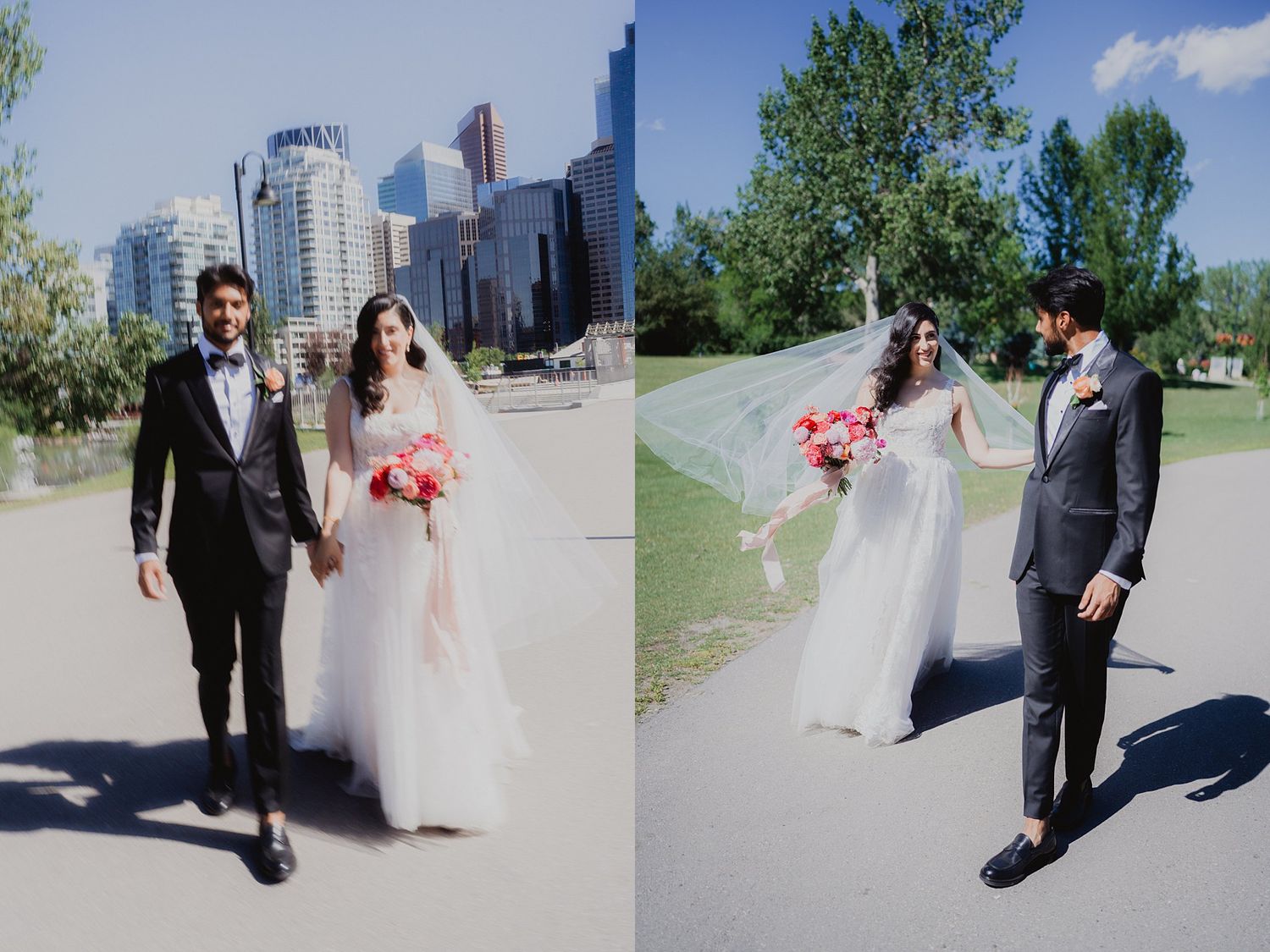 Wedding couple walks along urban pathway with modern city skyline and high-rise buildings in background.