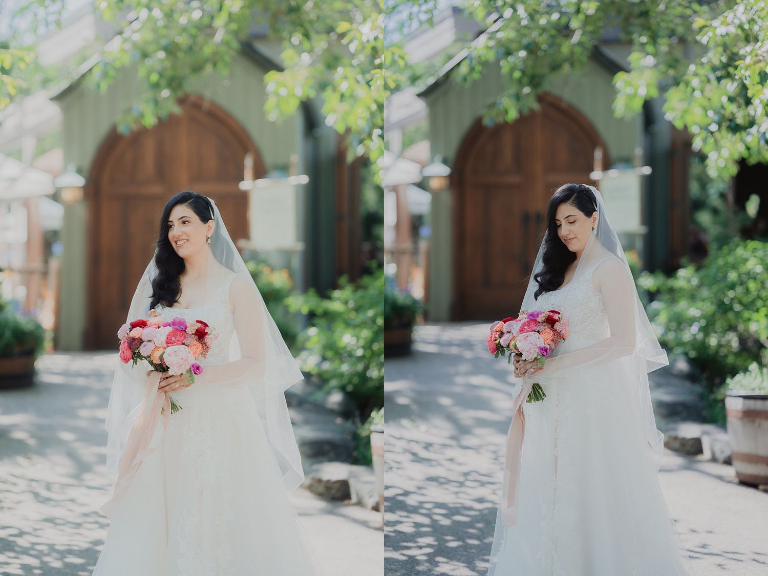 Couple celebrates under blooming trees at outdoor garden wedding venue.