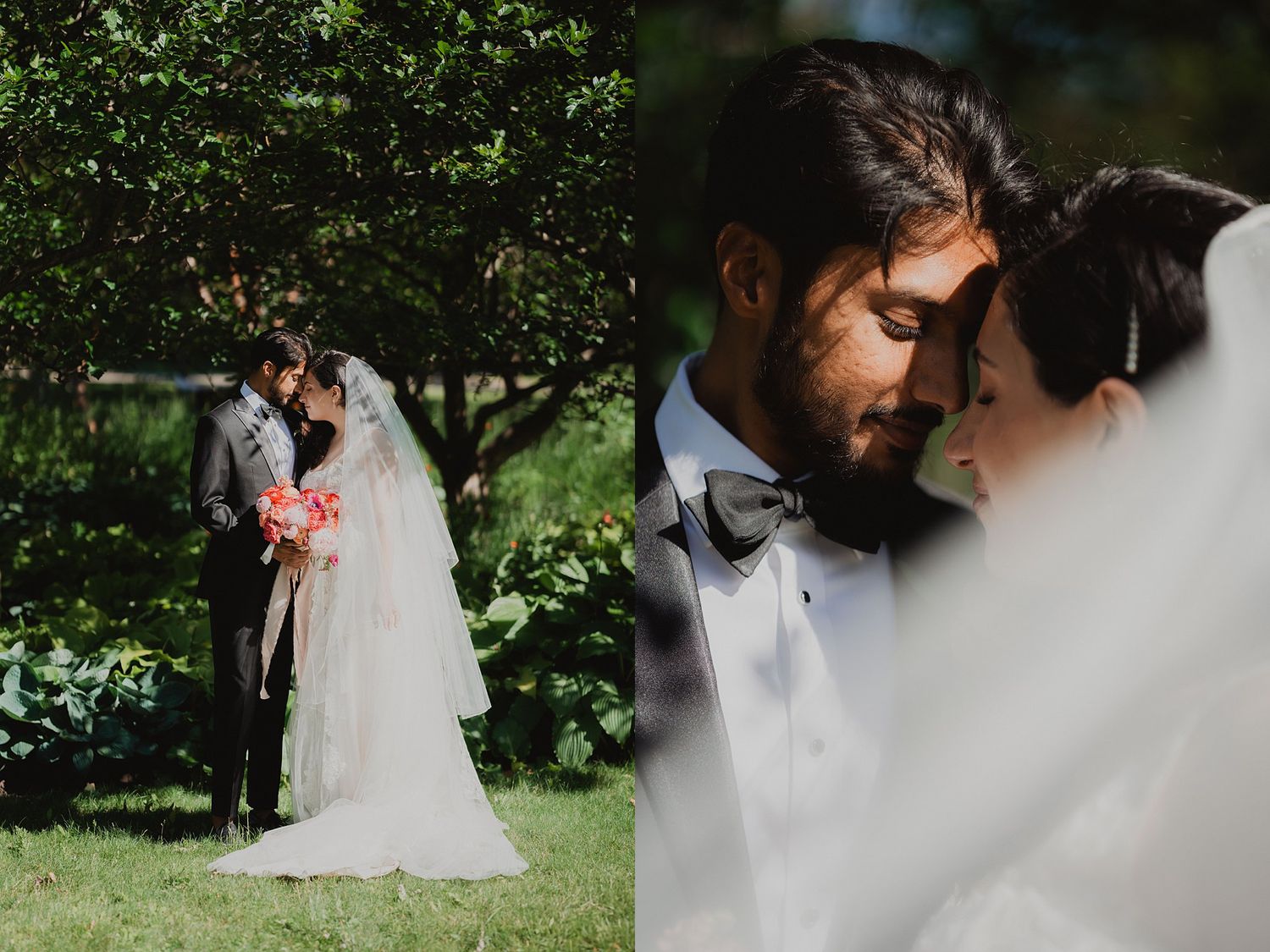 Romantic wedding photography in a lush garden setting with natural greenery.
