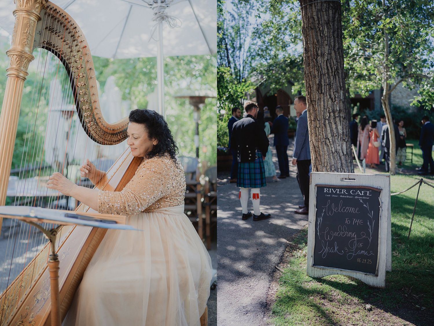 A harpist performs outdoors during a summer wedding ceremony with trees in the background.