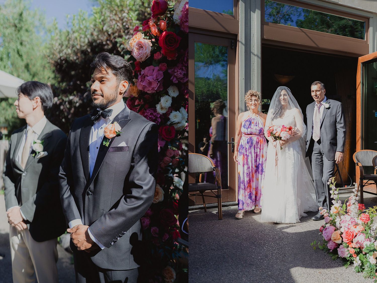 Wedding ceremony setup with floral decorations and guests gathered at an outdoor venue.