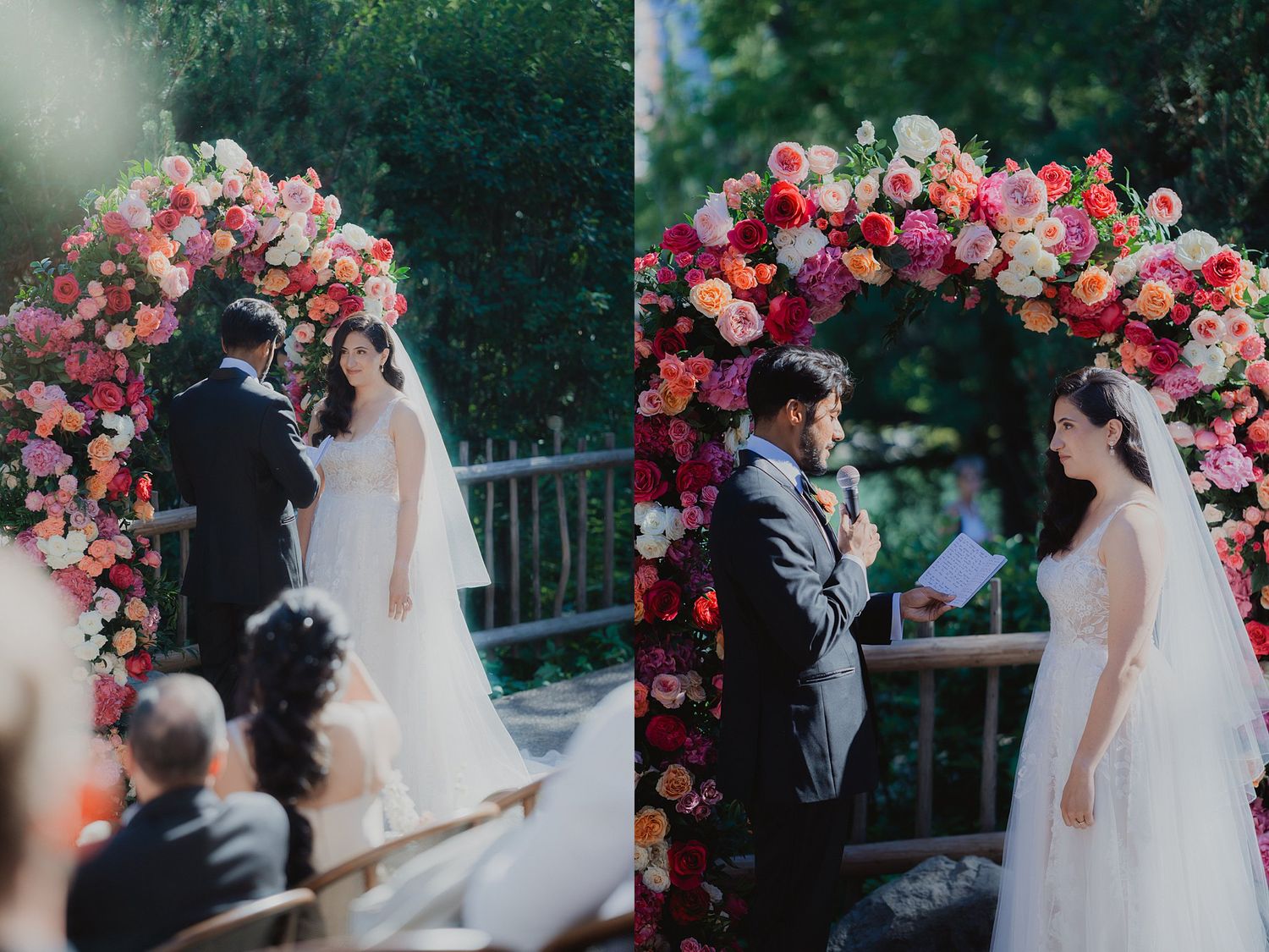 Intimate outdoor wedding ceremony moments captured under a rose-covered floral arch.
