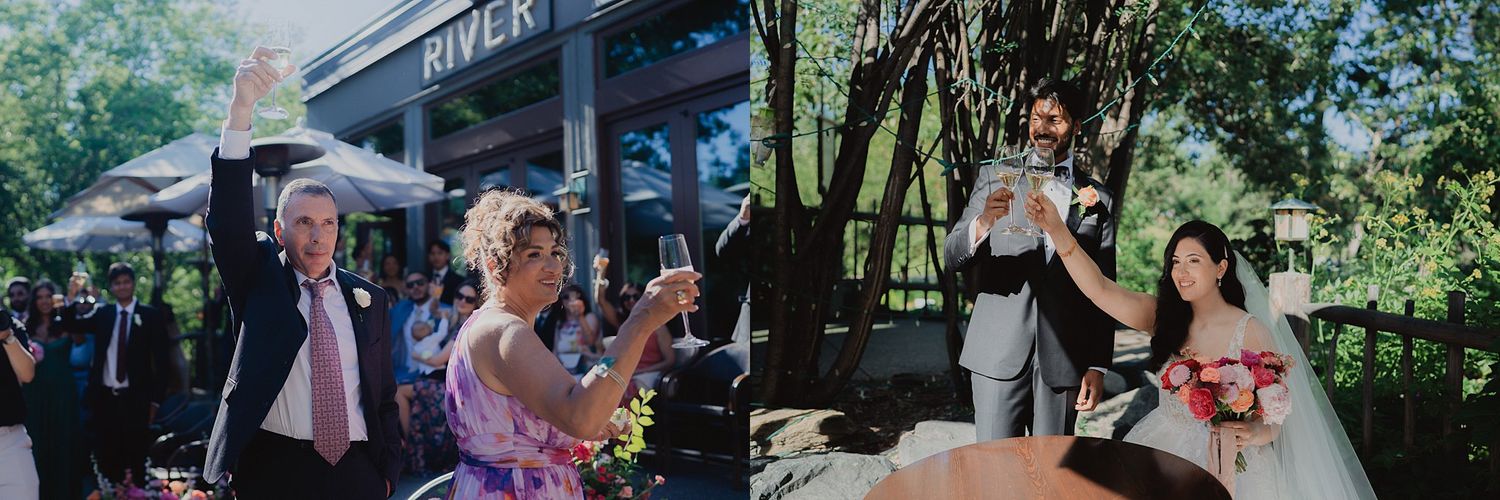 Wedding reception celebration with guests gathered outdoors under string lights and greenery.