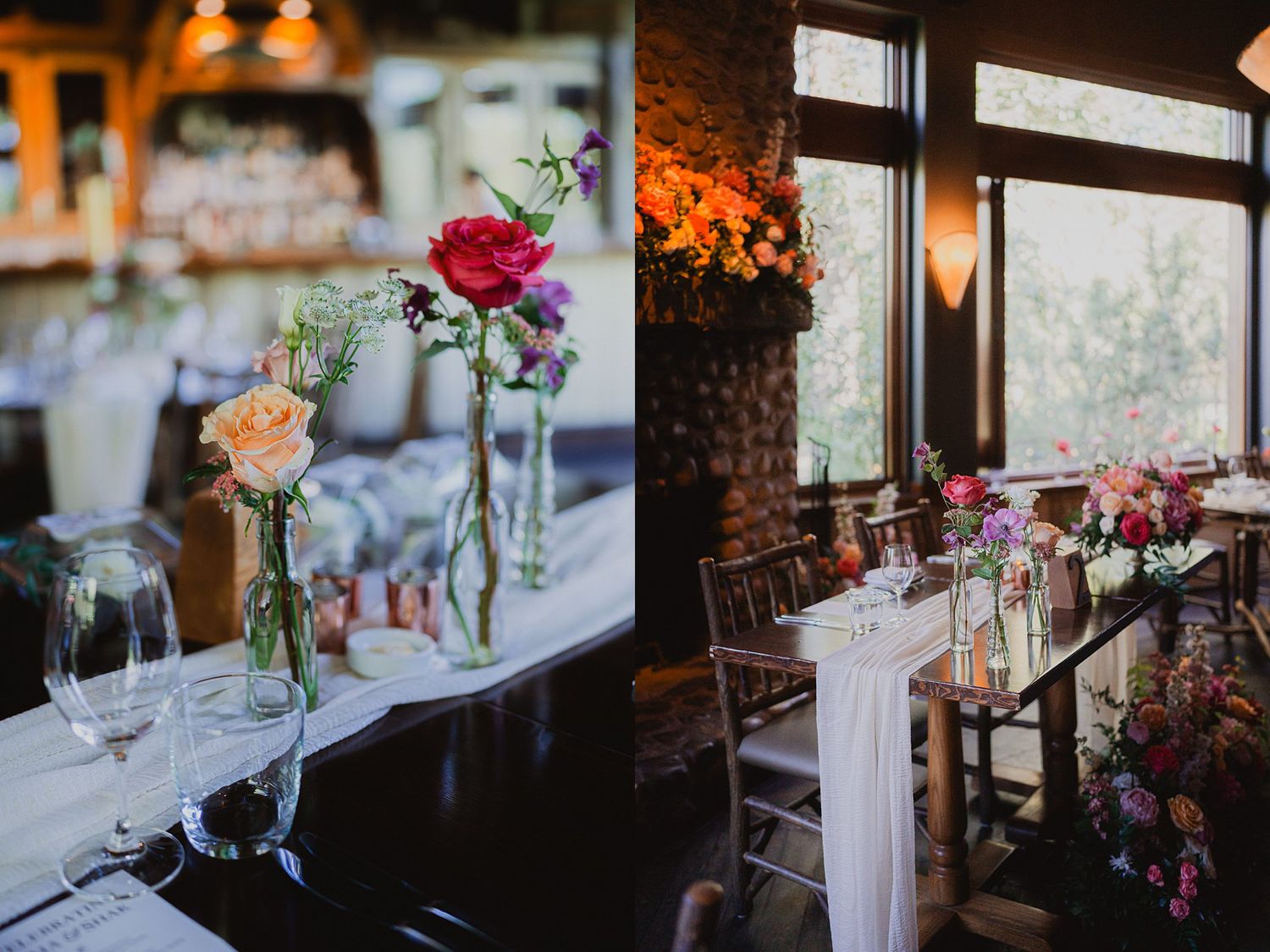 Elegant wedding reception table settings with delicate floral centerpieces and glowing candlelight.