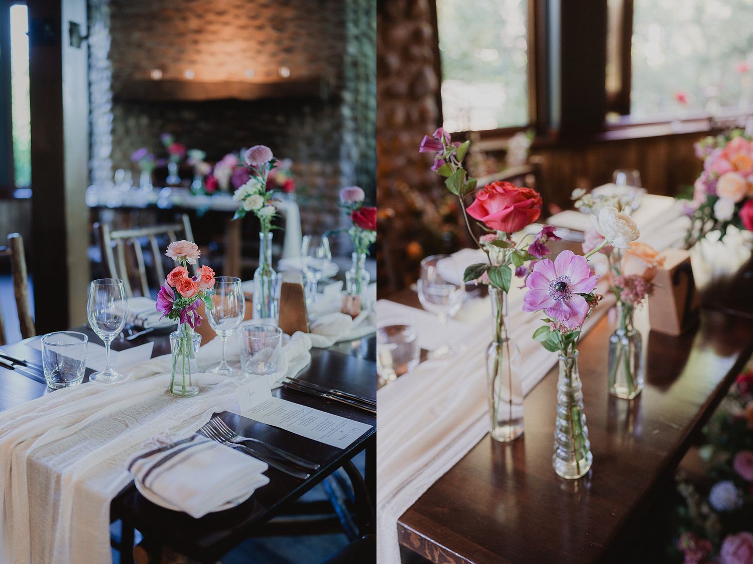 Elegant wedding reception tables set with floral centerpieces and glassware against exposed brick walls.